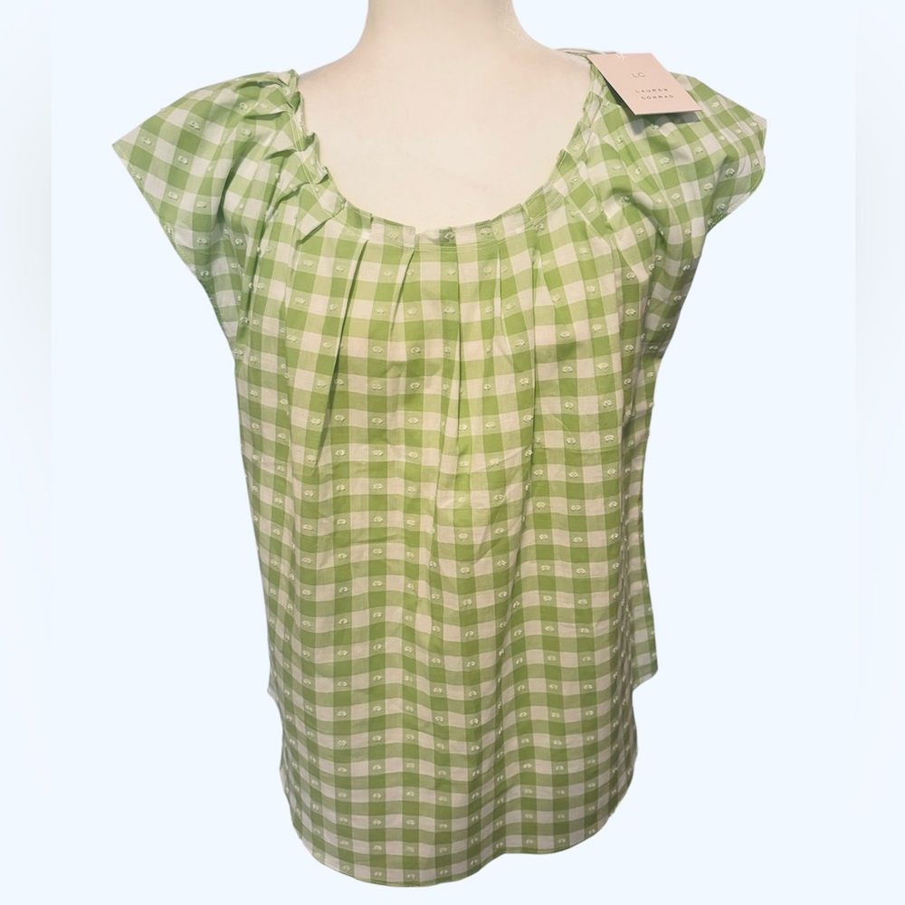 LC LAUREN CONRAD Green Checked Gingham Cap Sleeve Top Size Medium *NEW*